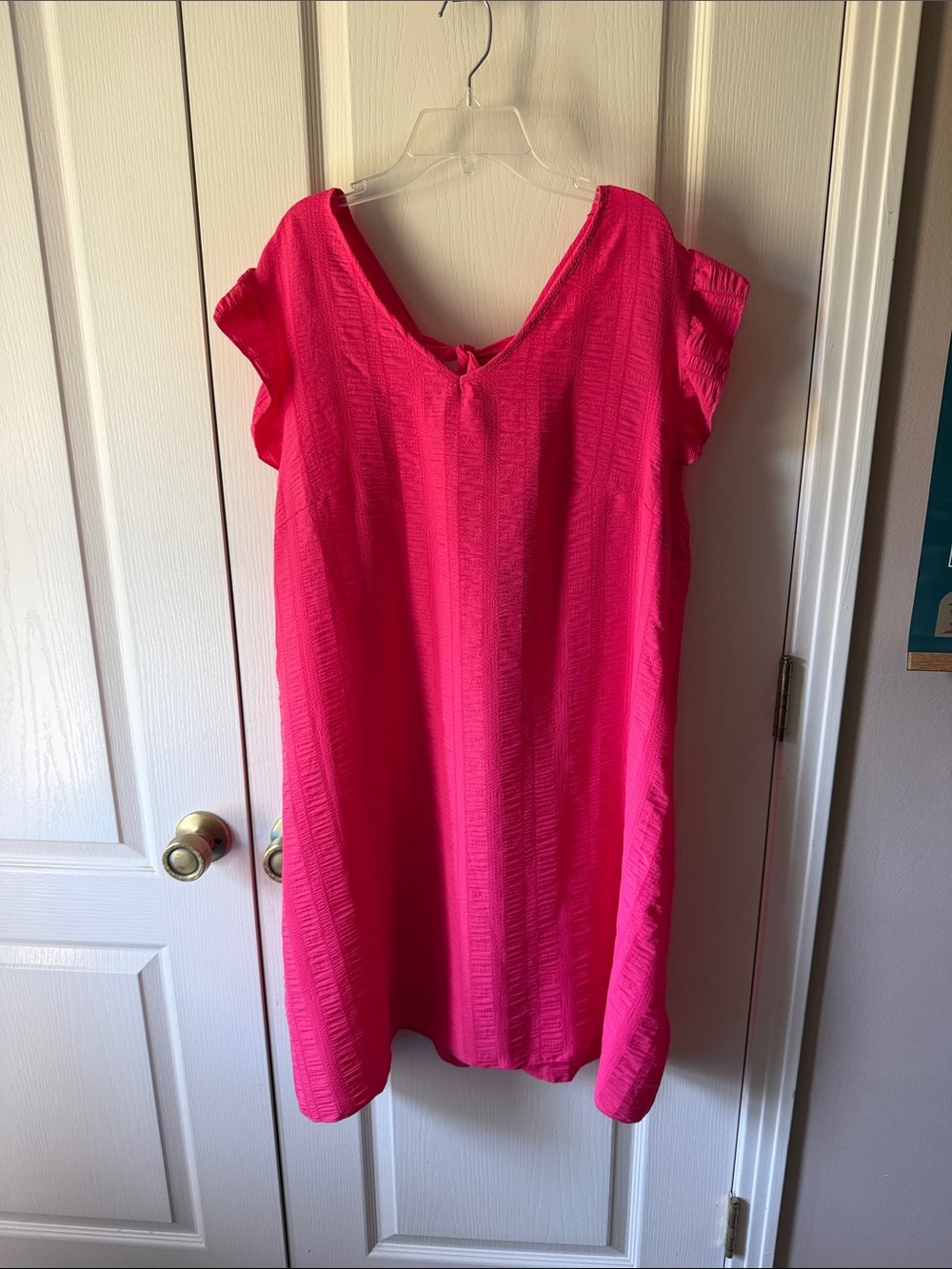 Bright Pink Women's Shift Dress - Casual V-Neck